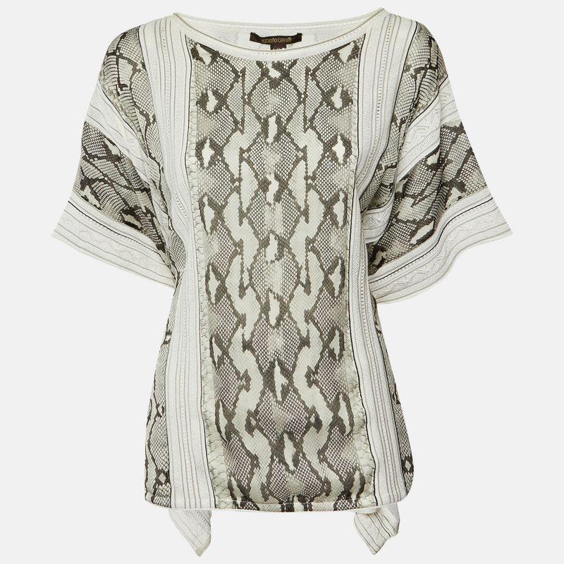 Roberto Cavalli Black & White Printed Silk & Knit Tie Detail Kaftan Top M
